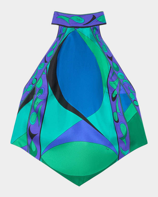 Pesci-Print Silk Twill Halter Scarf Top